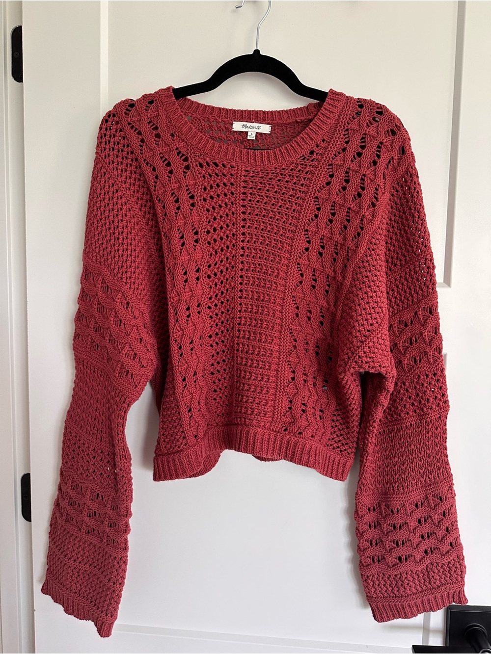 Madewell Openwork Crochet Crewneck Sweater in Rose